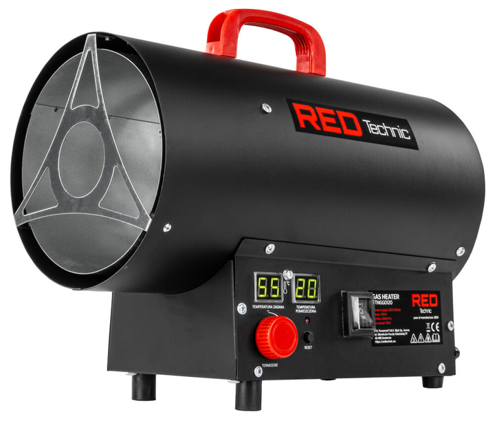 Газовая пушка тепловая тепловентилятор RED TECHNIC RTNGG0120 25 кВт обогреватель промышленный портативный на пропан-бутане для склада дома дачи напольный переносной нагреватель воздуха дуйчик 520 м³/ч давление 0.7 бар - изображение 2