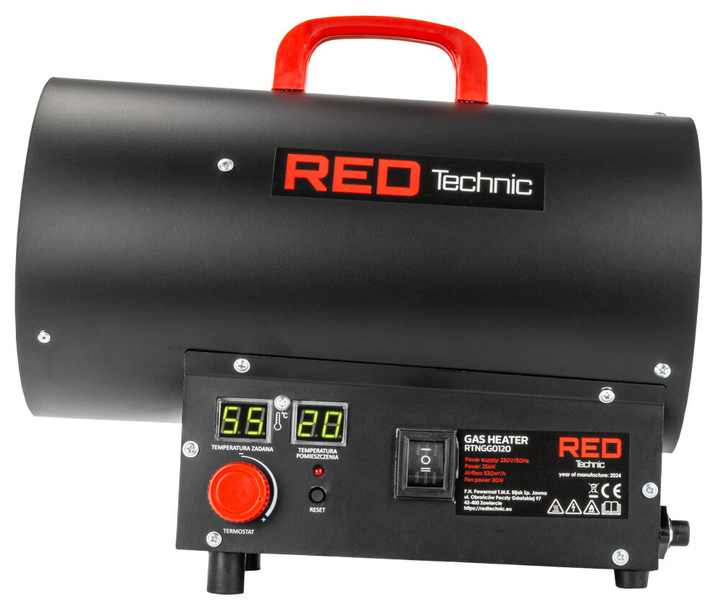 Газовая пушка тепловая тепловентилятор RED TECHNIC RTNGG0120 25 кВт обогреватель промышленный портативный на пропан-бутане для склада дома дачи напольный переносной нагреватель воздуха дуйчик 520 м³/ч давление 0.7 бар - изображение 6