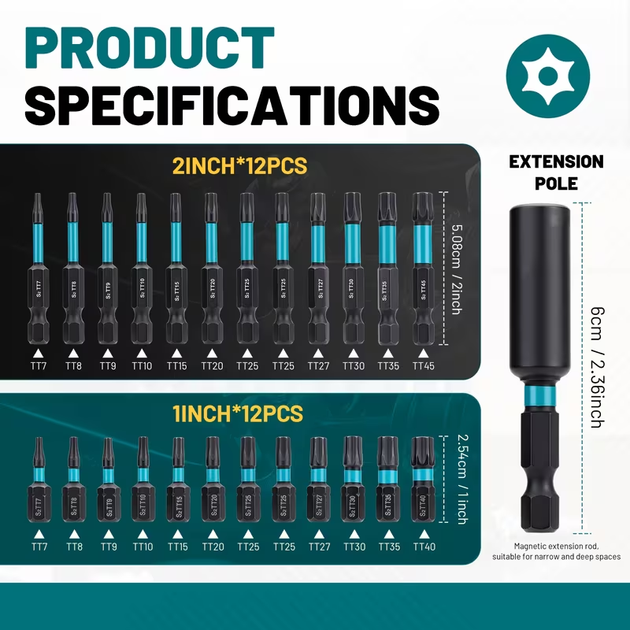 Набор магнитных бит Torx Tamper (с отверстием) S2 25 мм и 50 мм (TT7–TT45, 25 предметов) под шуруповерт и гайковерт - Фото 2 Набор магнитных бит Torx Tamper (с отверстием) S2 25 мм и 50 мм (TT7–TT45, 25 предметов) под шуруповерт и гайковерт - изображение 2