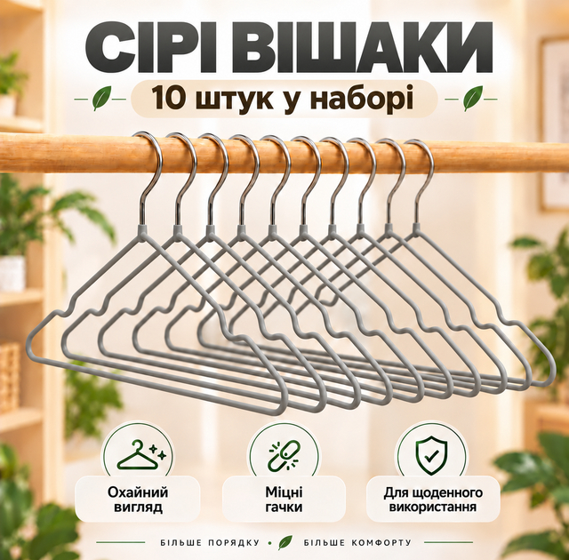 Набір вішалок-плічок для одягу 10 шт, 40×20 см, 50 г, протиковзкі, з металевим гачком KT9004014 - Фото 1 Набір вішалок-плічок для одягу 10 шт, 40×20 см, 50 г, протиковзкі, з металевим гачком KT9004014 - зображення 1