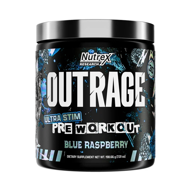 Outrage, Ultra Stim Pre Workout, блакитна малина, 198,66 г