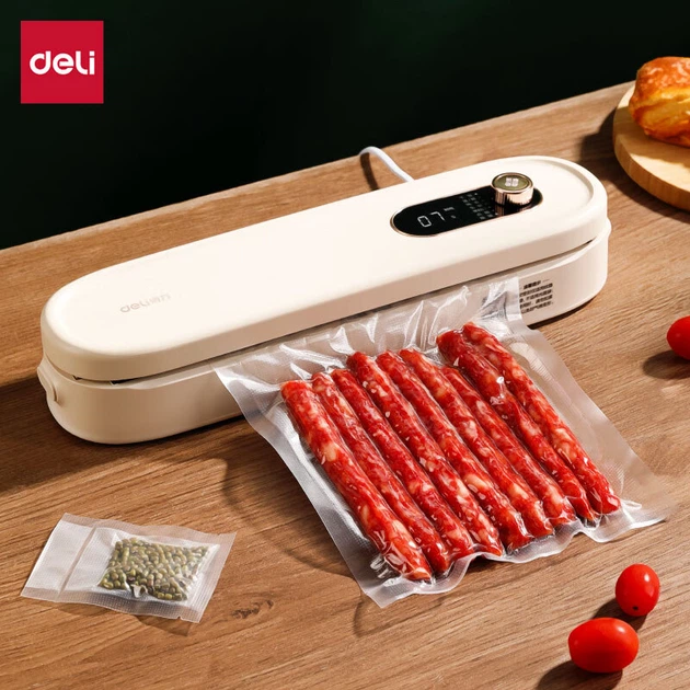 Вакуумний пакувальник Deli для домашнього використання, невеликий автоматичний вакуумний пакувальник, подвійне використання, для сухого та вологого запаювання харчових продуктів, висока потужність всмоктування, для збереження свіжості, з вбудованим різако - изображение 10