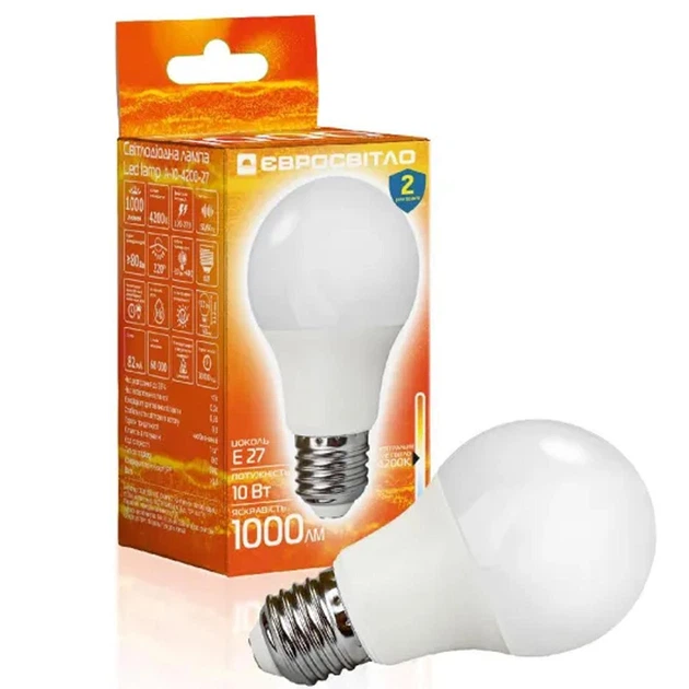 Лампа светодиодная 10W 220V 1000lm 4200К Е27 60х108mm груша [000038857] A-10-4200-27 Евросвет - изображение 2