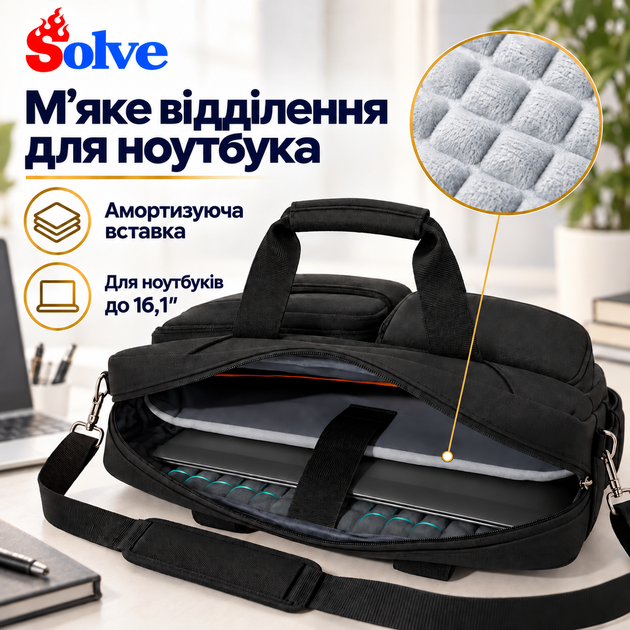 Сумка для ноутбука до 16.1 дюймів водовідштовхувальна з амортизуючим відділенням і ремінцем через плече, чорна KT7001502 - Фото 5 Сумка для ноутбука до 16.1 дюймів водовідштовхувальна з амортизуючим відділенням і ремінцем через плече, чорна KT7001502 - зображення 5