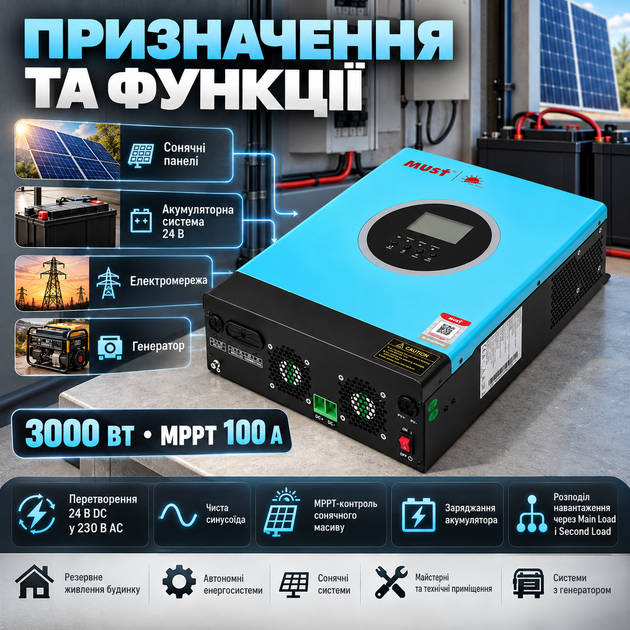 Гибридный инвертор PV18-3024 ECO 3 кВт 24 В MPPT 100 А чистый синус 230 В для солнечных панелей аккумуляторов резервного питания - изображение 2
