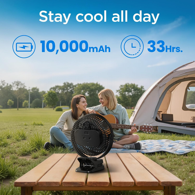 Портативный вентилятор EasyAcc DJ10 10000 мА·ч, 4 скоростей, дисплей, USB-C, крепление 3-в-1, чёрный - Фото 3 Портативный вентилятор EasyAcc DJ10 10000 мА·ч, 4 скоростей, дисплей, USB-C, крепление 3-в-1, чёрный - изображение 3