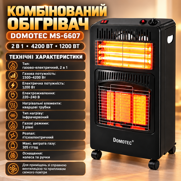 Обігрівач газовий портативний DOMOTEC для дому кварцеві трубки три рівні потужності складана конструкція ручки - зображення 3