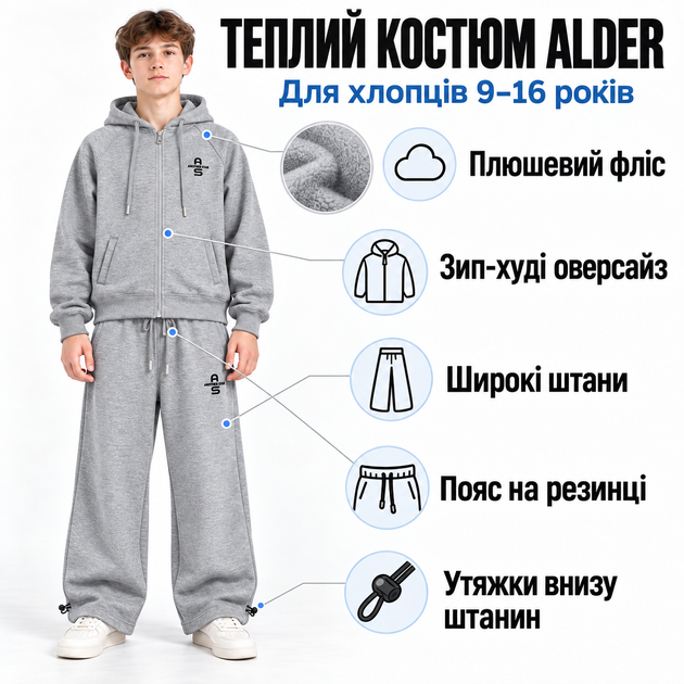 Спортивный костюм для мальчика Alder утепленный с зип-худи и широкими брюками,Серый 164 - Фото 4 Спортивный костюм для мальчика Alder утепленный с зип-худи и широкими брюками,Серый 164 - изображение 4