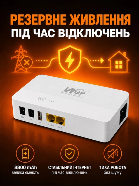 Безперебійник для Wi-Fi роутера, ONU та модема WGP Mini DC UPS 8800 mAh 5/9/12 В Білий - зображення 5