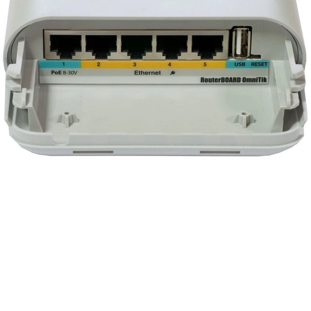 Точка доступа WiFi Mikrotik OmniTIK 5 PoE RBOmniTikUPA-5HnD 5 ГГц 802.11a/n 7.5dBi MIMO 2x2 5 портов 10/100 Ethernet USB 2.0 PoE белая(LM_8B6C742FF5CC) - изображение 2