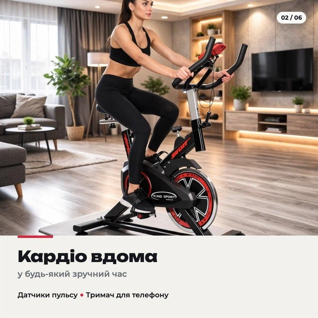 Вело тренажер спинбайк домашний маховик 8 кг пульсометр на руле бесшумная работа держатель телефона педали с ремешками - Фото 2 Вело тренажер спинбайк домашний маховик 8 кг пульсометр на руле бесшумная работа держатель телефона педали с ремешками - изображение 2