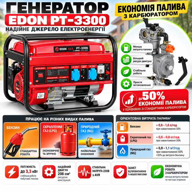 Генератор газ/бензиновий двопаливний із мідною обмоткою Edon ED-PT3300 3.3 кВт 7.0 л.с. - зображення 2