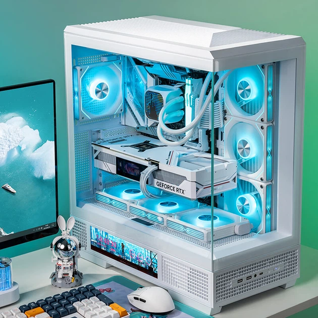 Корпус для ігрового настільного комп'ютера Aigo Starry Sky White ATX з подвійним водяним охолодженням 360 мм, 9,6-дюймовим HD-екраном, панорамним оглядом 270° та відеокартою 5090 - Фото 5 Корпус для ігрового настільного комп'ютера Aigo Starry Sky White ATX з подвійним водяним охолодженням 360 мм, 9,6-дюймовим HD-екраном, панорамним оглядом 270° та відеокартою 5090 - изображение 5