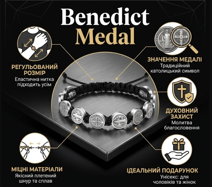 Стильный плетеный браслет-оберег Benedict Medal унисекс - Фото 1 Стильный плетеный браслет-оберег Benedict Medal унисекс - изображение 1