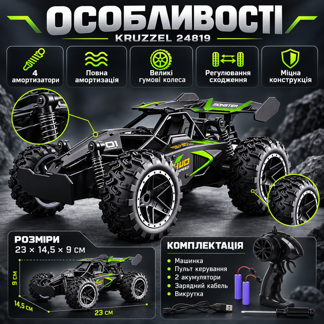 Машинка на радиоуправлении Kruzzel 24819 внедорожная 1:18 15 км/ч 500 мА·ч 2.4 ГГц резиновые колеса полная амортизация 40 м два аккумулятора для детей - Фото 2 Машинка на радиоуправлении Kruzzel 24819 внедорожная 1:18 15 км/ч 500 мА·ч 2.4 ГГц резиновые колеса полная амортизация 40 м два аккумулятора для детей - изображение 2