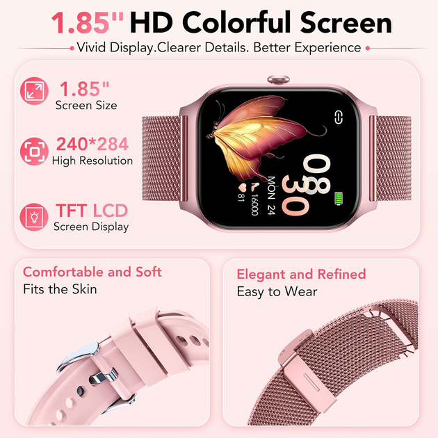 Смарт-годинник жіночий 1.85″ Bluetooth 5.4 з дзвінками, 2 ремінці, 120+ спортрежимів, IP68, пульсометр, акумулятор 450 мА·год - Фото 7 Смарт-годинник жіночий 1.85″ Bluetooth 5.4 з дзвінками, 2 ремінці, 120+ спортрежимів, IP68, пульсометр, акумулятор 450 мА·год - зображення 7