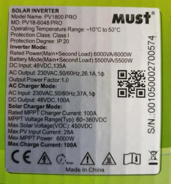 Гибридный инвертор 48v / 6000 Вт / 48 В / MUST PV18-6048PRO / MPPT 100 А / чистая синусоида / два выхода нагрузки - Фото 11 Гибридный инвертор 48v / 6000 Вт / 48 В / MUST PV18-6048PRO / MPPT 100 А / чистая синусоида / два выхода нагрузки - изображение 11