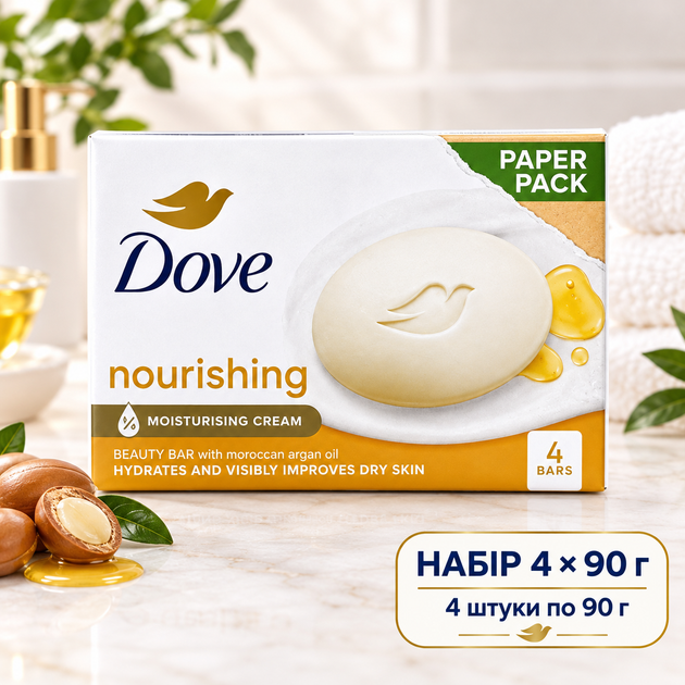 Набір зволожувального крем-мила DOVE Nourishing з аргановою олією 4 шт × 90 гр - Фото 1 Набір зволожувального крем-мила DOVE Nourishing з аргановою олією 4 шт × 90 гр - зображення 1