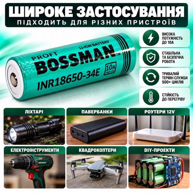 Акумулятор 18650 Li-Ion Bossman Profi Energy INR18650-34E 3350mAh 10A - Фото 3 Акумулятор 18650 Li-Ion Bossman Profi Energy INR18650-34E 3350mAh 10A - зображення 3