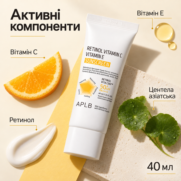 Солнцезащитный крем для лица с ретинолом, витаминами C и E APLB Retinol Vitamin C Vitamin E Sunscreen SPF50+ PA++++, 40 мл 8809874684383 - изображение 3