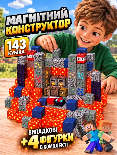 Магнітний конструктор Minecraft магнітні кубики у стилі Майнкрафт будівельний блочний 3D набір 143 магнітних блоків дитячий розвивальний для дітей хлопчиків і дівчаток іграшка з магнітами для творчості моделювання складання подарунка Magnetic - Фото 1 Магнітний конструктор Minecraft магнітні кубики у стилі Майнкрафт будівельний блочний 3D набір 143 магнітних блоків дитячий розвивальний для дітей хлопчиків і дівчаток іграшка з магнітами для творчості моделювання складання подарунка Magnetic - зображення 1