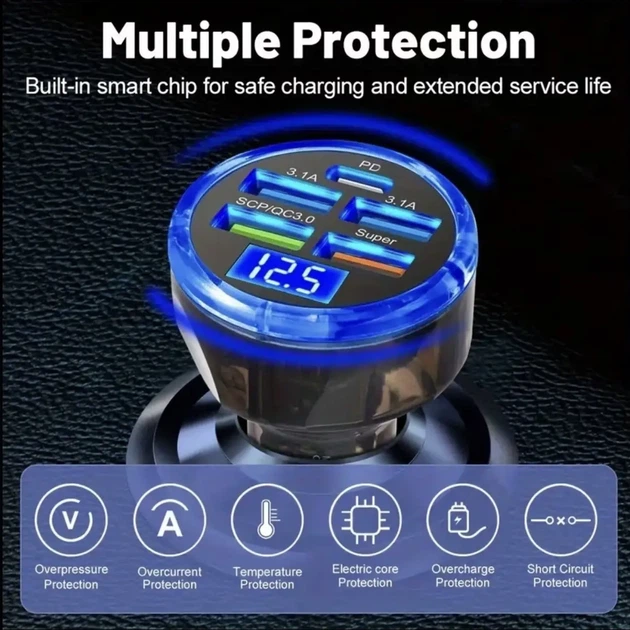 Автомобильная зарядка 3.6A с QC3.0 Прозрачный 5-портовый USB адаптер с дисплеем напряжения - изображение 2