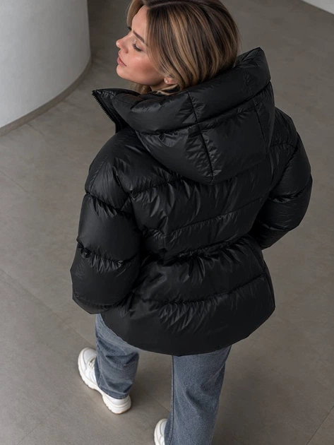 Куртка женская Lady Yep 30390 пуффер с капюшоном и затяжкой на талии 46 черная - изображение 3
