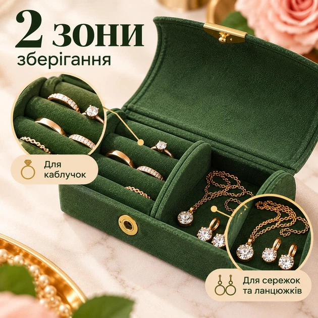 Шкатулка для украшений мини дорожная бархатная с отделением для колец и цепочек 10×5 см оливковая - изображение 3