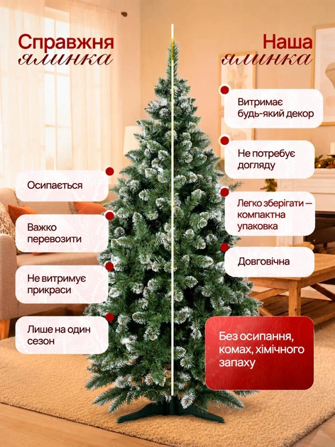 Штучна ялинка Карпатська 2 м з білими кінчиками — пухнасте новорічне дерево з хвоєю ПВХ на підставці для свята з ефектом снігу - зображення 6