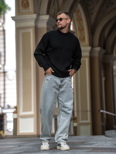 Чоловічий светр теплий вільного крою Oversize чорний L - зображення 2