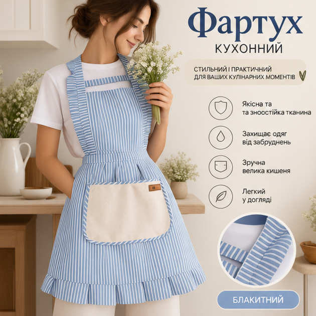 Кухонний фартух жіночий в стилі прованс з кишенею, бавовняний, в смужку, блакитний - Фото 6 Кухонний фартух жіночий в стилі прованс з кишенею, бавовняний, в смужку, блакитний - зображення 6