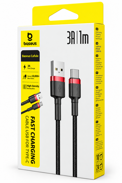 Кабель Baseus Cafule USB-A to Type-C 3A 1 м, Red/Black - Фото 2 Кабель Baseus Cafule USB-A to Type-C 3A 1 м, Red/Black - изображение 2