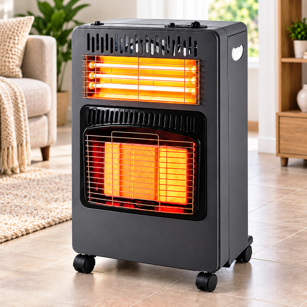 Обогреватель газово электрический DOMOTEC 4200 Вт, инфракрасный, кварцевый, на колесах, 2 в 1 - Фото 2 Обогреватель газово электрический DOMOTEC 4200 Вт, инфракрасный, кварцевый, на колесах, 2 в 1 - изображение 2