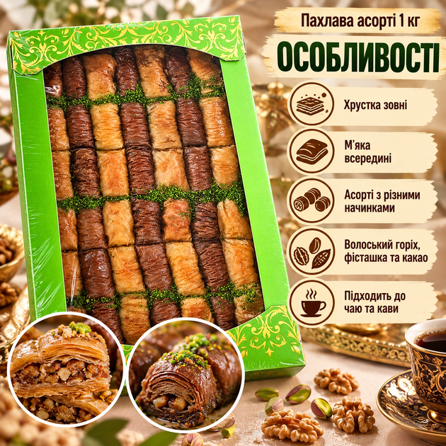 Пахлава ассорти 1 кг восточные сладости с какао грецким орехом фисташкой десерт к чаю кофе подарочный набор - Фото 2 Пахлава ассорти 1 кг восточные сладости с какао грецким орехом фисташкой десерт к чаю кофе подарочный набор - изображение 2