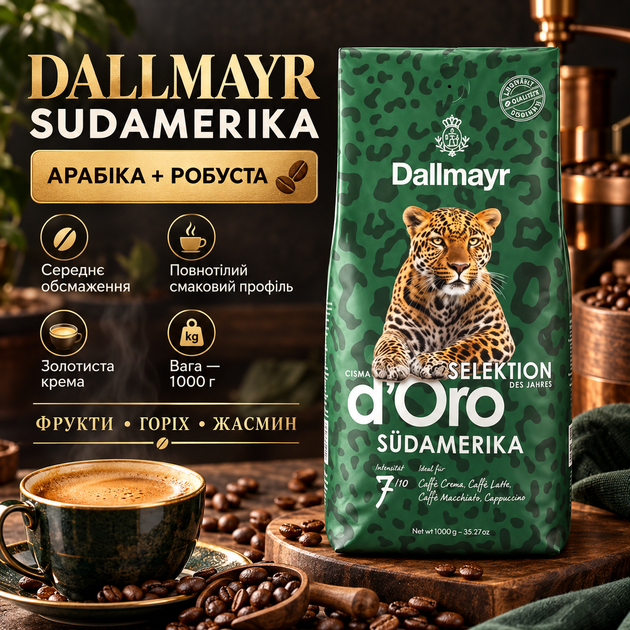 Кофе в зернах Dallmayr SUDAMERIKA 1 кг арабика робуста средней обжарки фруктово-ореховые ноты жасмин для капучино латте американо - Фото 1 Кофе в зернах Dallmayr SUDAMERIKA 1 кг арабика робуста средней обжарки фруктово-ореховые ноты жасмин для капучино латте американо - изображение 1