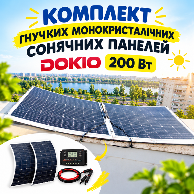 Сонячні панелі комплект заряджання та живлення DOKIO 200 Вт Гнучкі Сонячні панелі - зображення 2