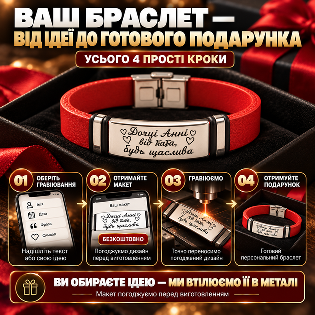 Шкіряний браслет з італійської шкіри з гравіюванням "Доці, Анні від тата, будь щасливою" Регульований розмір 23 см Сталь/Червоний (218801) - Фото 5 Шкіряний браслет з італійської шкіри з гравіюванням "Доці, Анні від тата, будь щасливою" Регульований розмір 23 см Сталь/Червоний (218801) - зображення 5