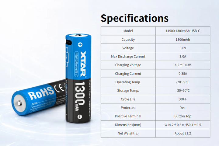 Аккумулятор 14500 Xtar Li-Ion 1300mAh USB-C, 1300mAh, 3A, 3.6V, Button Top, Box - Фото 6 Аккумулятор 14500 Xtar Li-Ion 1300mAh USB-C, 1300mAh, 3A, 3.6V, Button Top, Box - изображение 6