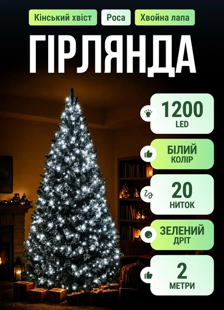 Гирлянда Конский хвост Мишура 1200 LED 20 нитей 2 м с пультом 8 режимов от сети зеленый провод Белый - Фото 1 Гирлянда Конский хвост Мишура 1200 LED 20 нитей 2 м с пультом 8 режимов от сети зеленый провод Белый - изображение 1