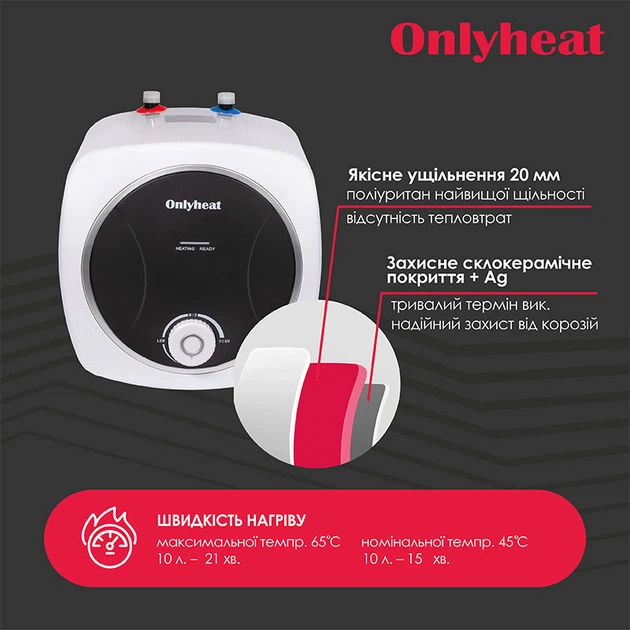 Бойлер Onlyheat WX-RE-PV005-10U 10 литров металлический квадратный под мойкой 1500 Вт 75°C 8 бар - изображение 2