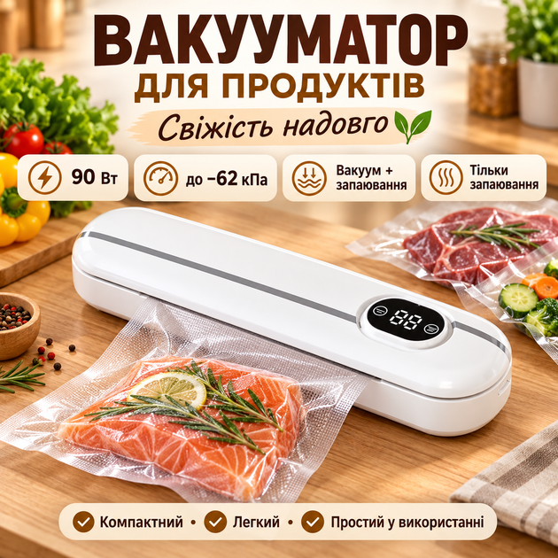 Вакуумный упаковщик для продуктов и еды белый 90 Вт с пакетами вакууматор автоматический домашний 2 режима - Фото 6 Вакуумный упаковщик для продуктов и еды белый 90 Вт с пакетами вакууматор автоматический домашний 2 режима - изображение 6