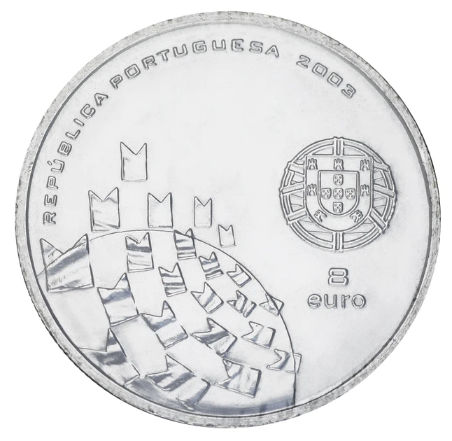 Монета Португалія 8 євро 2003 Срібло UNC Чемпіонат Європи з футболу 2004 - Свято футболу (Ag 500, 21,1 грама) - Фото 2 Монета Португалія 8 євро 2003 Срібло UNC Чемпіонат Європи з футболу 2004 - Свято футболу (Ag 500, 21,1 грама) - зображення 2