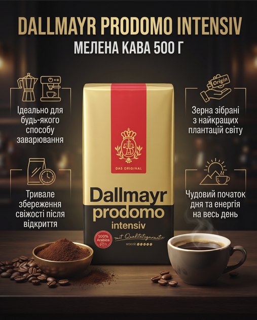 Кофе молотый Dallmayr Prodomo Intens жареный 500 г - Фото 1 Кофе молотый Dallmayr Prodomo Intens жареный 500 г - изображение 1