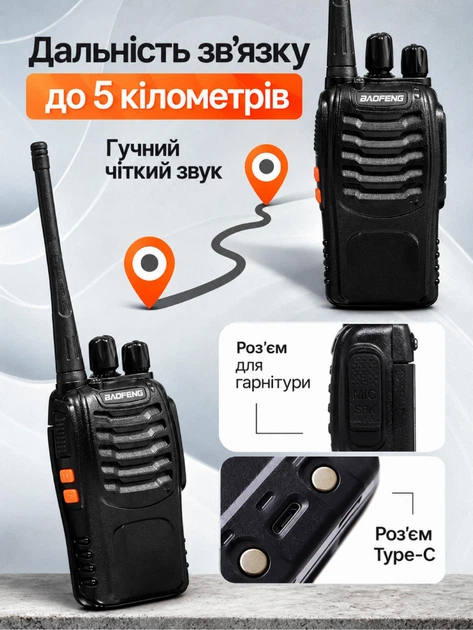 Портативна (бездротова) рація Baofeng BF-888S 5 Вт, до 5 км, FM-радіо, 128 каналів, частота 400–470 MHz - зображення 2