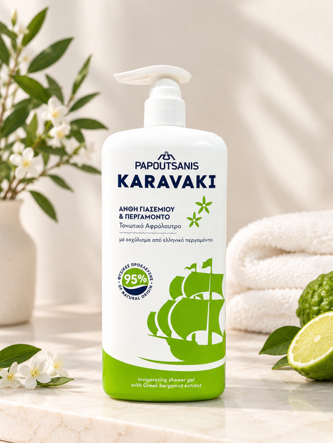 Тонізуючий гель для душу Papoutsanis Karavaki з екстрактом грецького бергамоту та квітів жасмину 750 мл - Фото 1 Тонізуючий гель для душу Papoutsanis Karavaki з екстрактом грецького бергамоту та квітів жасмину 750 мл - изображение 1