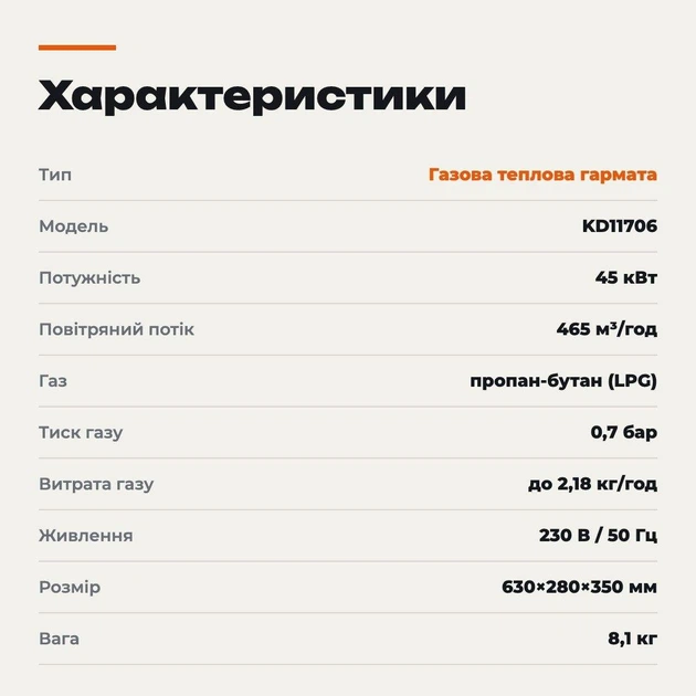 Газовая тепловая пушка 45 кВт Kraft Dele с цифровым дисплеем и термостатом на пропан бутане для ангаров мастерских - изображение 6