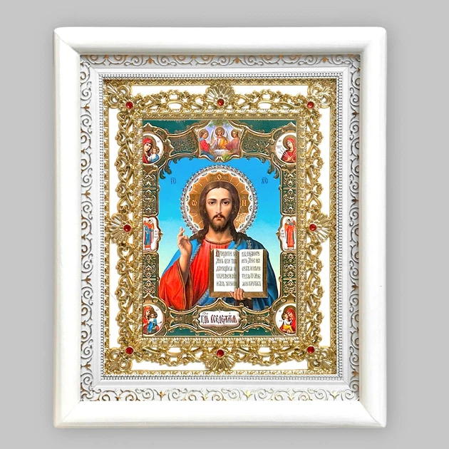 Ікона Господь Вседержитель, лик 15х18 см, у білому кіоті з камінням - Фото 1 Ікона Господь Вседержитель, лик 15х18 см, у білому кіоті з камінням - зображення 1