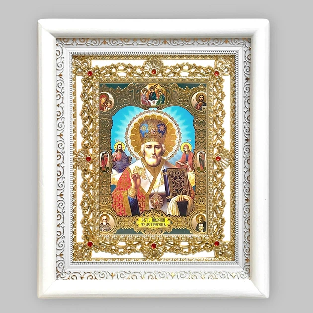 Ікона святий Миколай Чудотворець, лик 15х18 см, у білому кіоті з камінням - Фото 1 Ікона святий Миколай Чудотворець, лик 15х18 см, у білому кіоті з камінням - зображення 1
