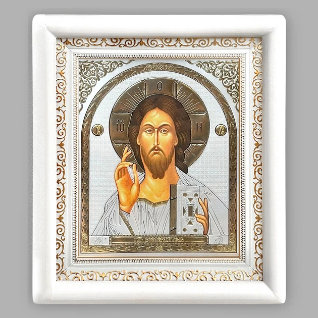 Икона Господь Вседержитель, лик 15х18 см, в белом деревянном киоте, 06153 - Фото 1 Икона Господь Вседержитель, лик 15х18 см, в белом деревянном киоте, 06153 - изображение 1