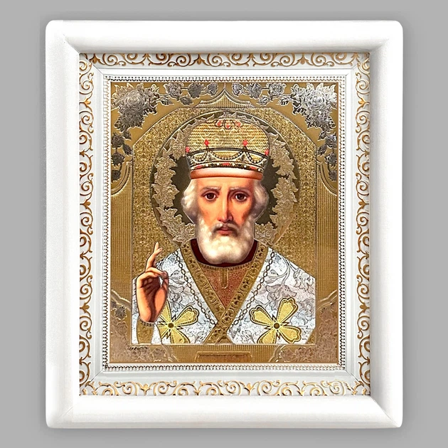 Икона Николай Чудотворец святой, лик 15х18 см, в белом деревянном киоте - Фото 1 Икона Николай Чудотворец святой, лик 15х18 см, в белом деревянном киоте - изображение 1